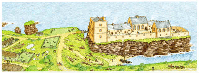 Ipotesi dell'aspetto del Castello Sinclair Girnigoe, Caithness attorno al 1300